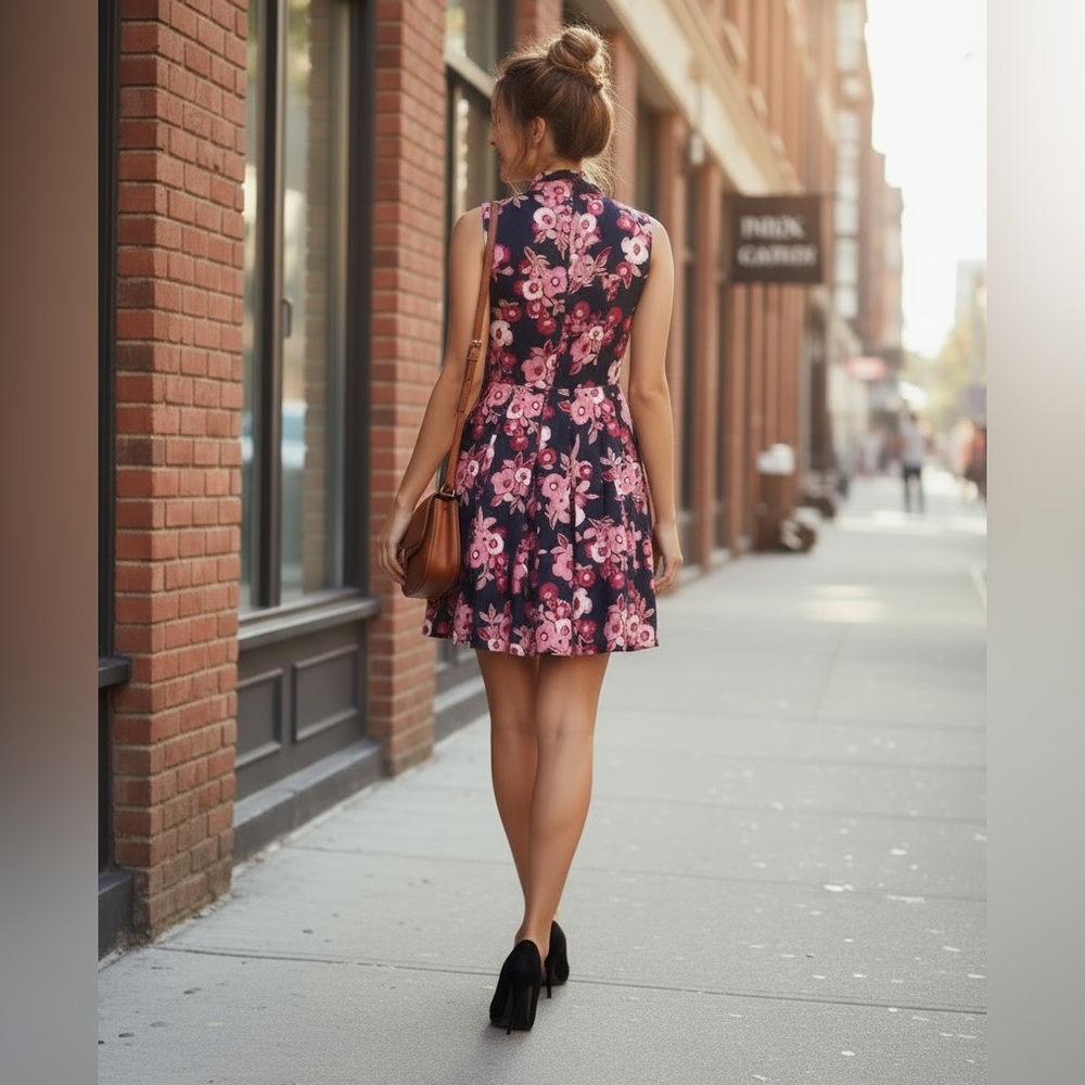 Kate Spade New York Shadow Bud Black and Pink Silk Print Pleated Floral Dress - Picture 13 of 16